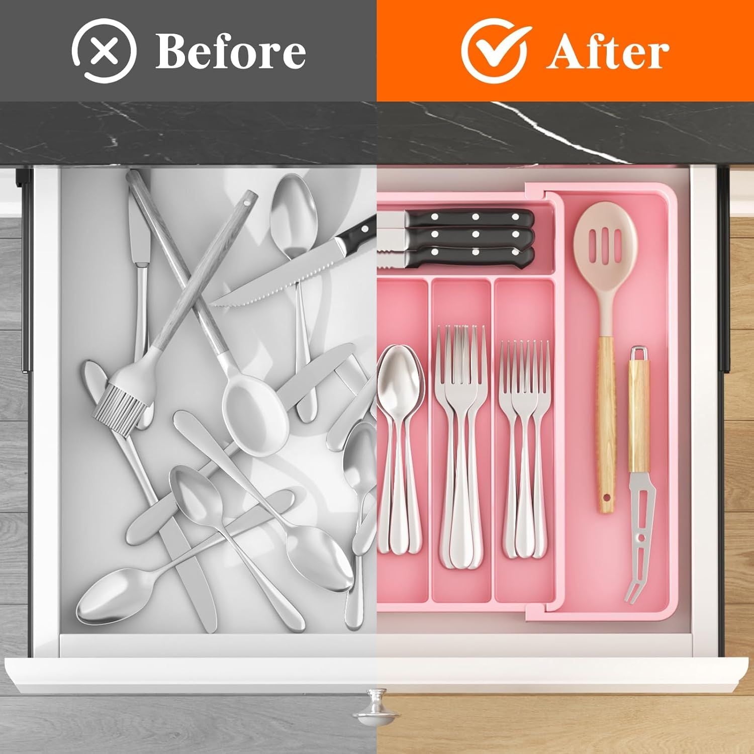 Expandable Silverware Drawer Organizer - Adjustable Utensil Tray with 8 Compartments, Pink