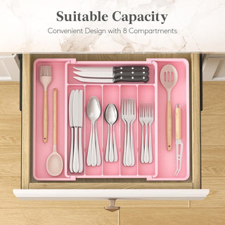 Expandable Silverware Drawer Organizer - Adjustable Utensil Tray with 8 Compartments, Pink