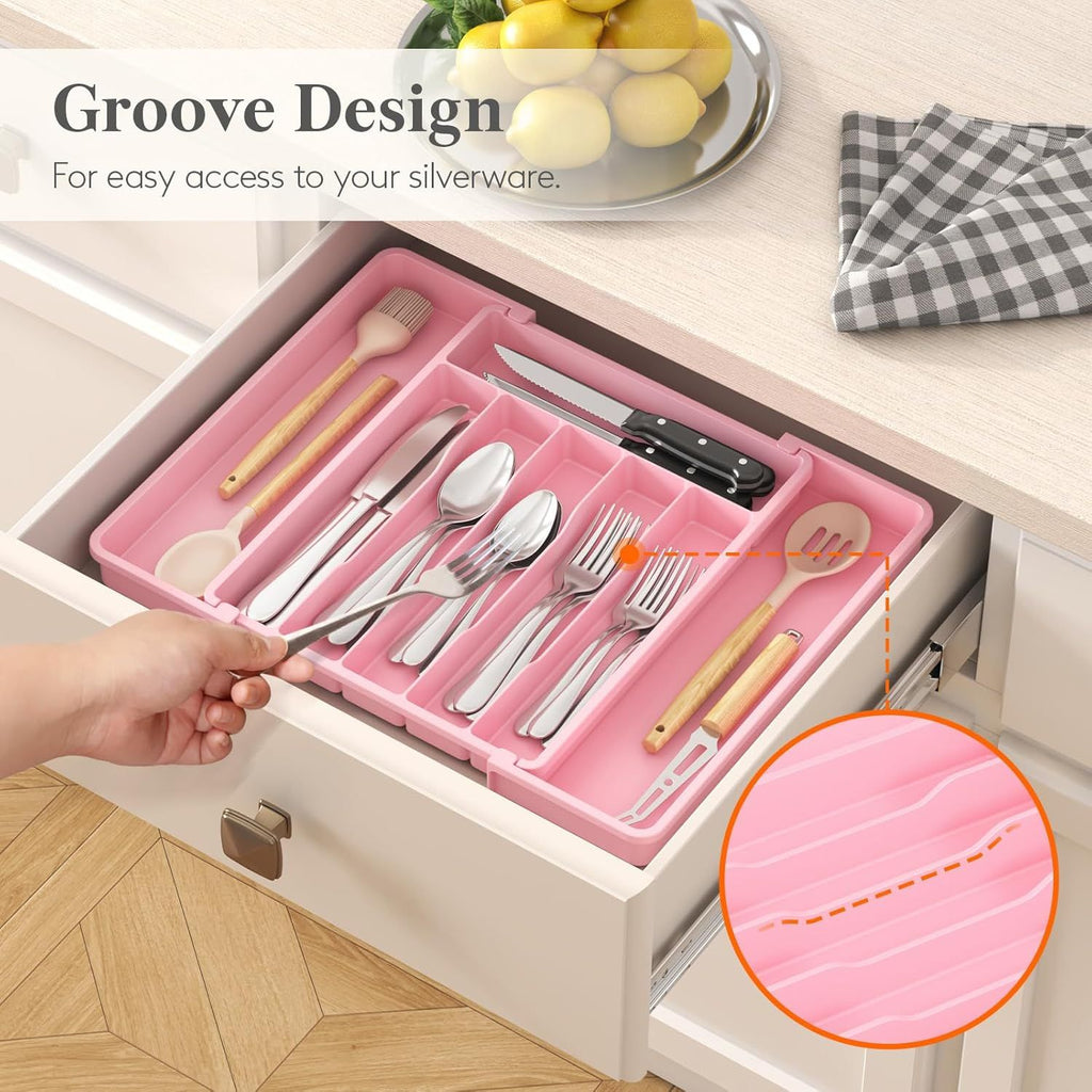 Expandable Silverware Drawer Organizer - Adjustable Utensil Tray with 8 Compartments, Pink