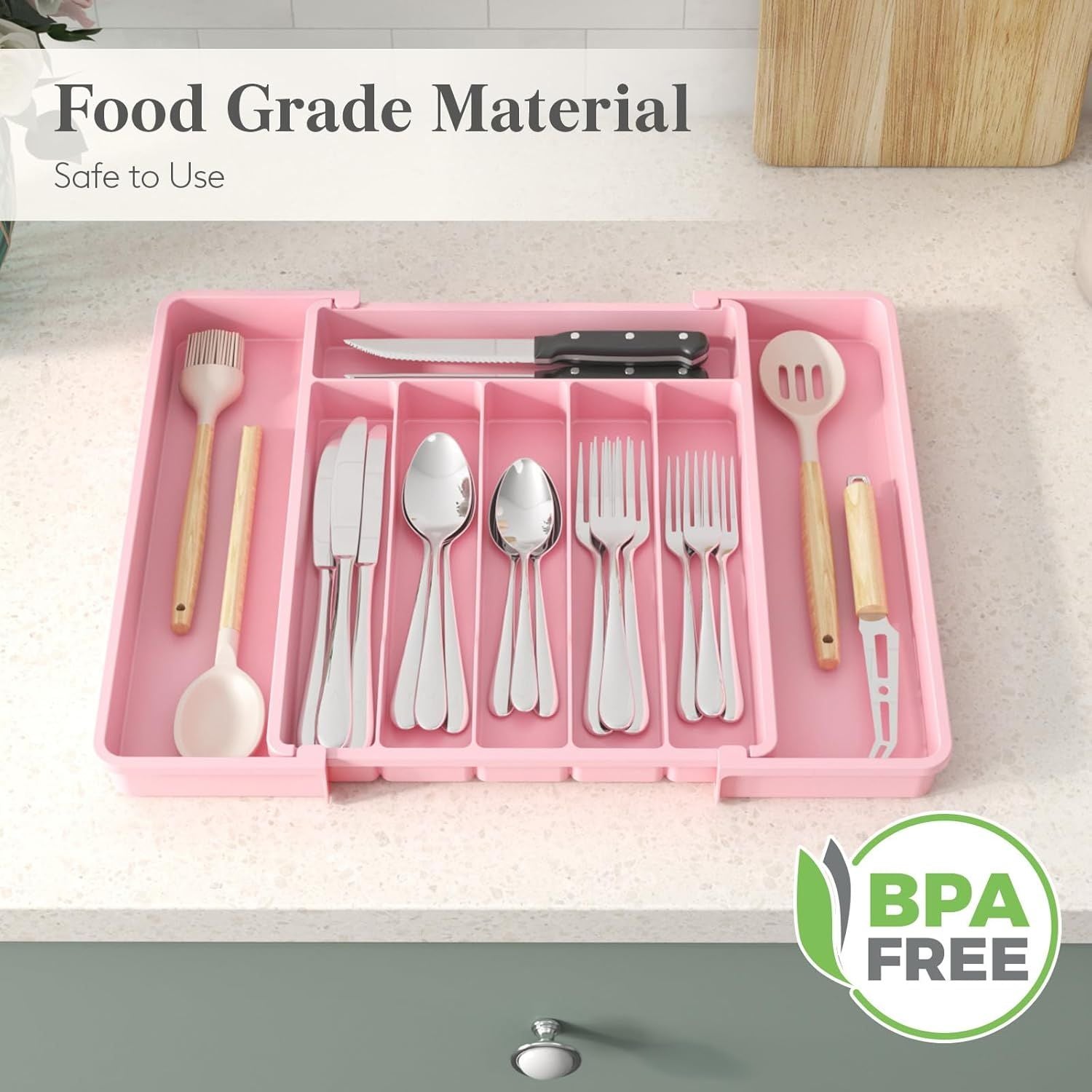 Expandable Silverware Drawer Organizer - Adjustable Utensil Tray with 8 Compartments, Pink