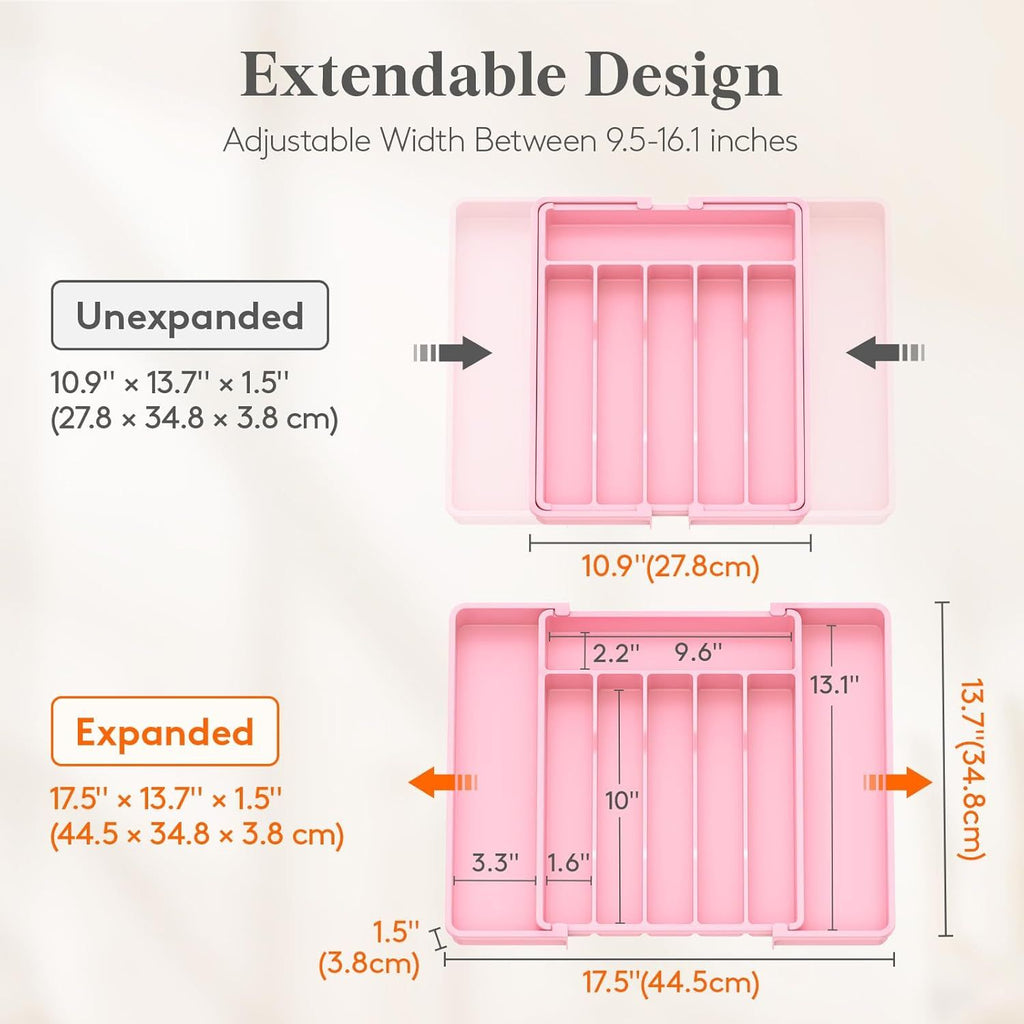 Expandable Silverware Drawer Organizer - Adjustable Utensil Tray with 8 Compartments, Pink