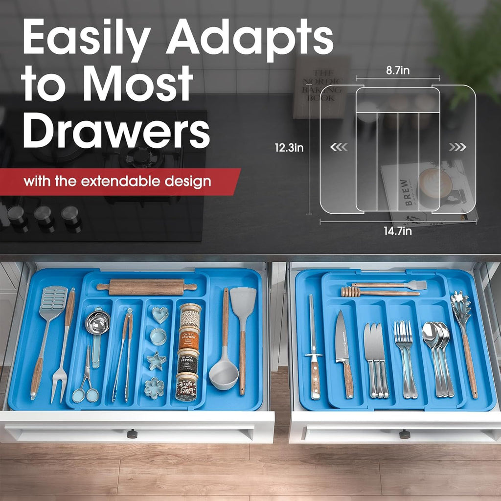 Expandable Silverware Organizer Tray - Adjustable Cutlery Tray for Forks and Knives
