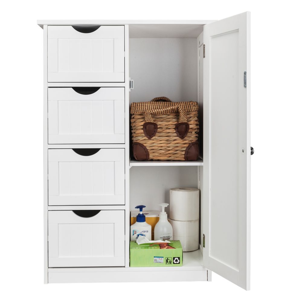Single Door Bathroom Storage Cabinet with Four Drawers in White