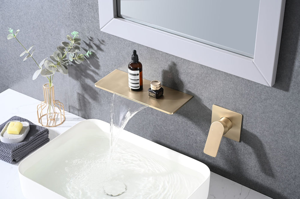 Brushed Gold Waterfall Sink Faucet with Shelf Spout