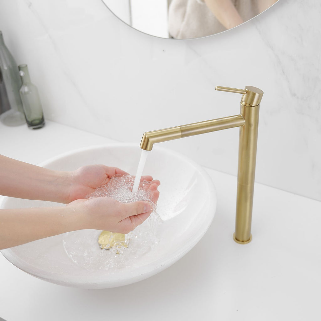 Single Hole Single Handle Bathroom Vessel Sink Faucet with Supply Hose in Black Gold