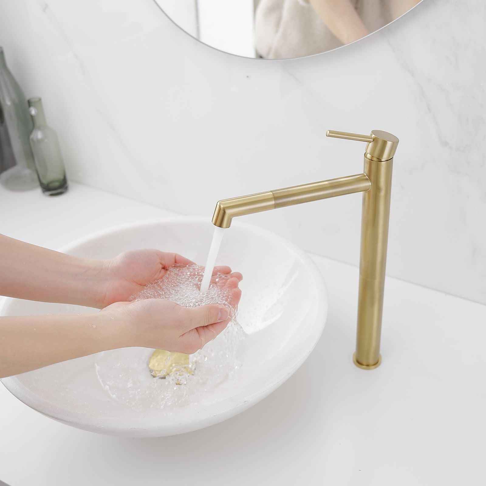 Single Hole Single Handle Bathroom Vessel Sink Faucet with Supply Hose in Black Gold