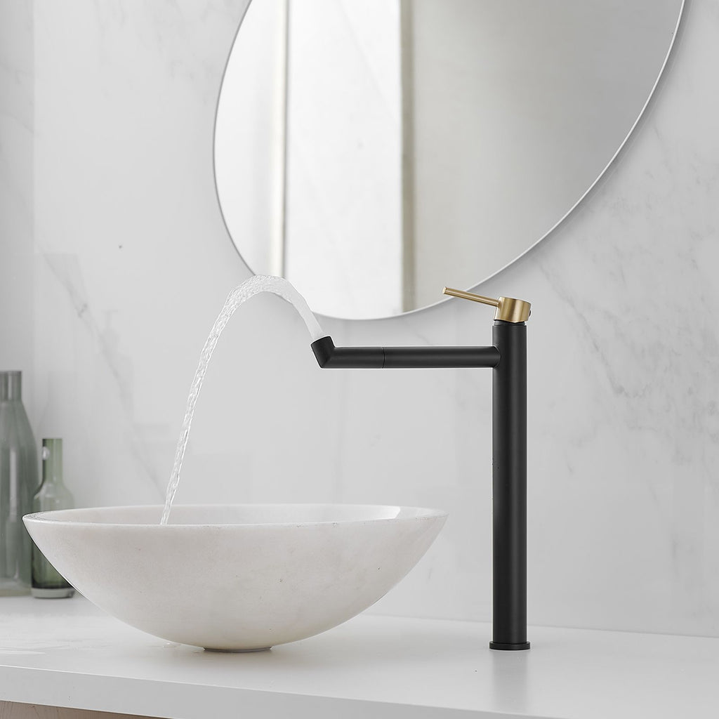 Single Hole Single Handle Bathroom Vessel Sink Faucet with Supply Hose in Black Gold