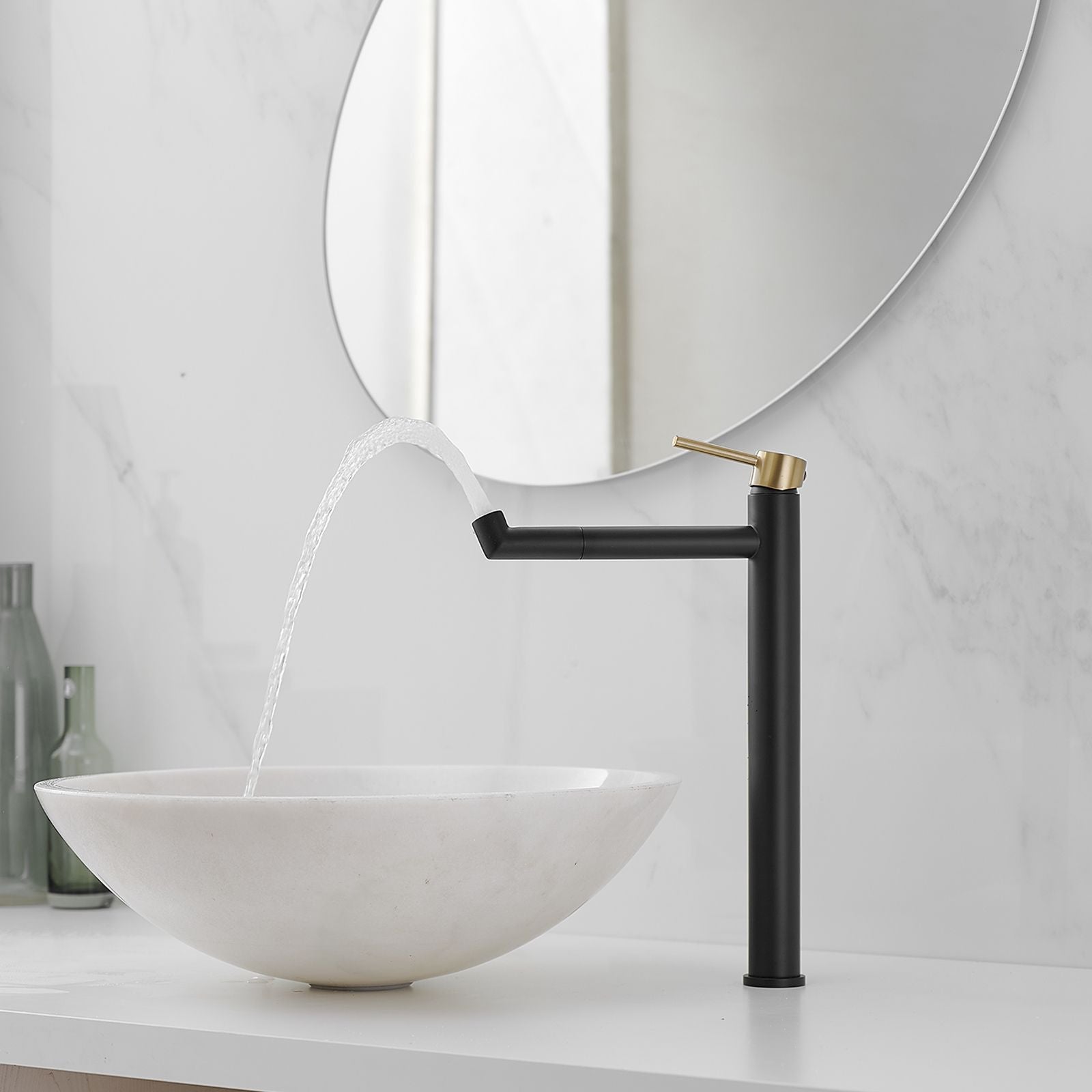 Single Hole Single Handle Bathroom Vessel Sink Faucet with Supply Hose in Black Gold
