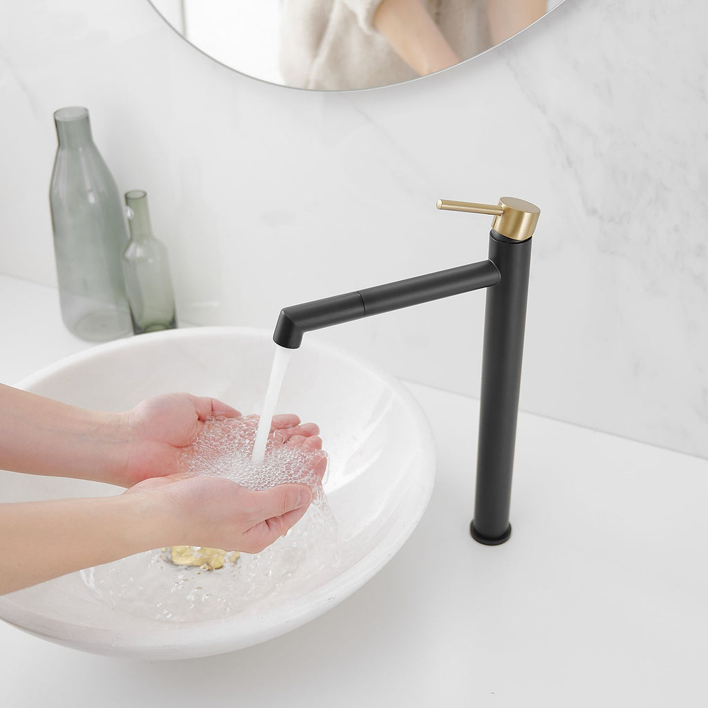 Single Hole Single Handle Bathroom Vessel Sink Faucet with Supply Hose in Black Gold