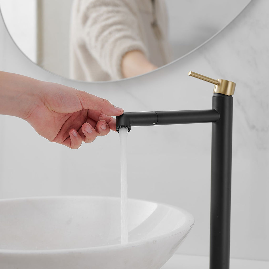 Single Hole Single Handle Bathroom Vessel Sink Faucet with Supply Hose in Black Gold
