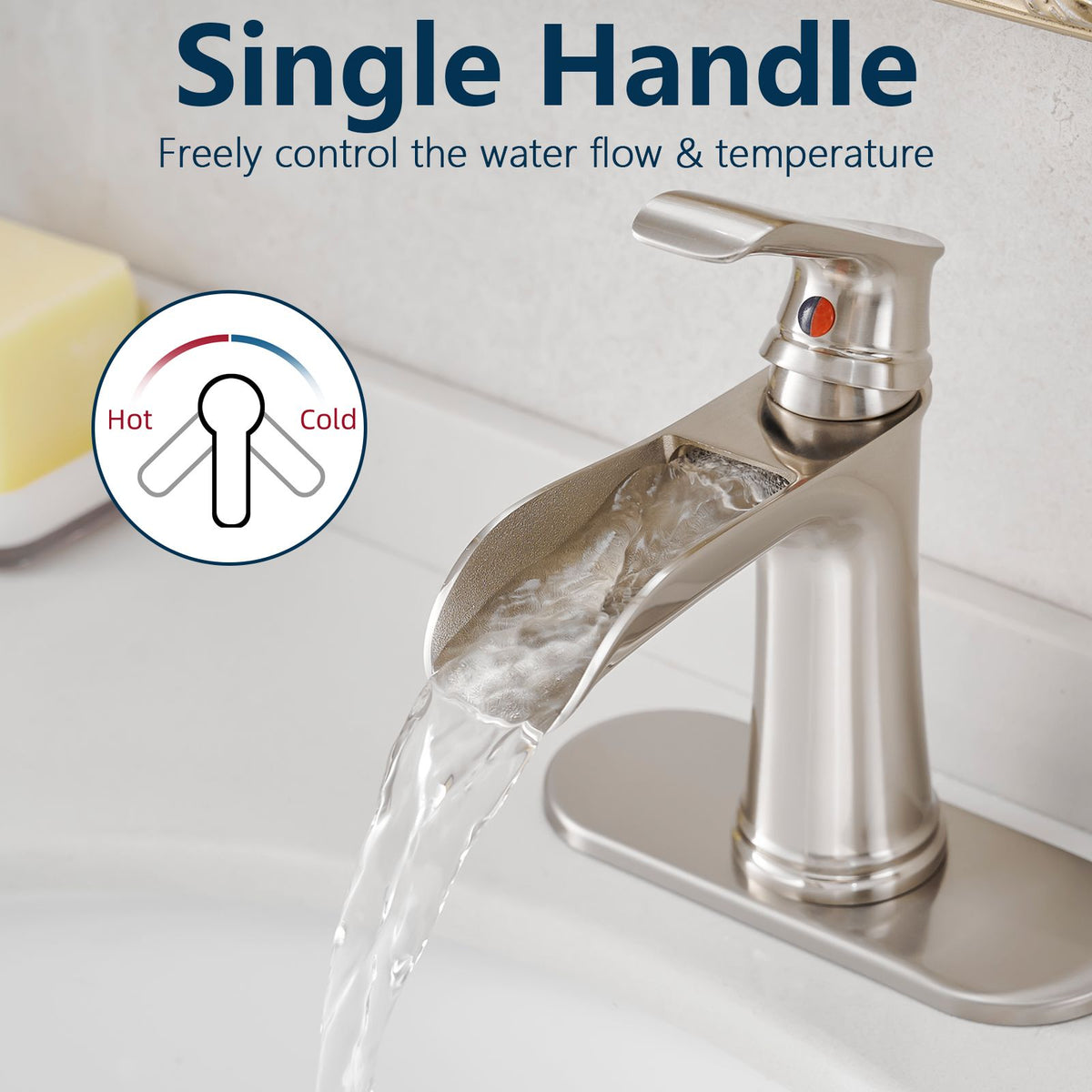Brushed Nickel Waterfall Bathroom Faucet with Pop-Up Drain