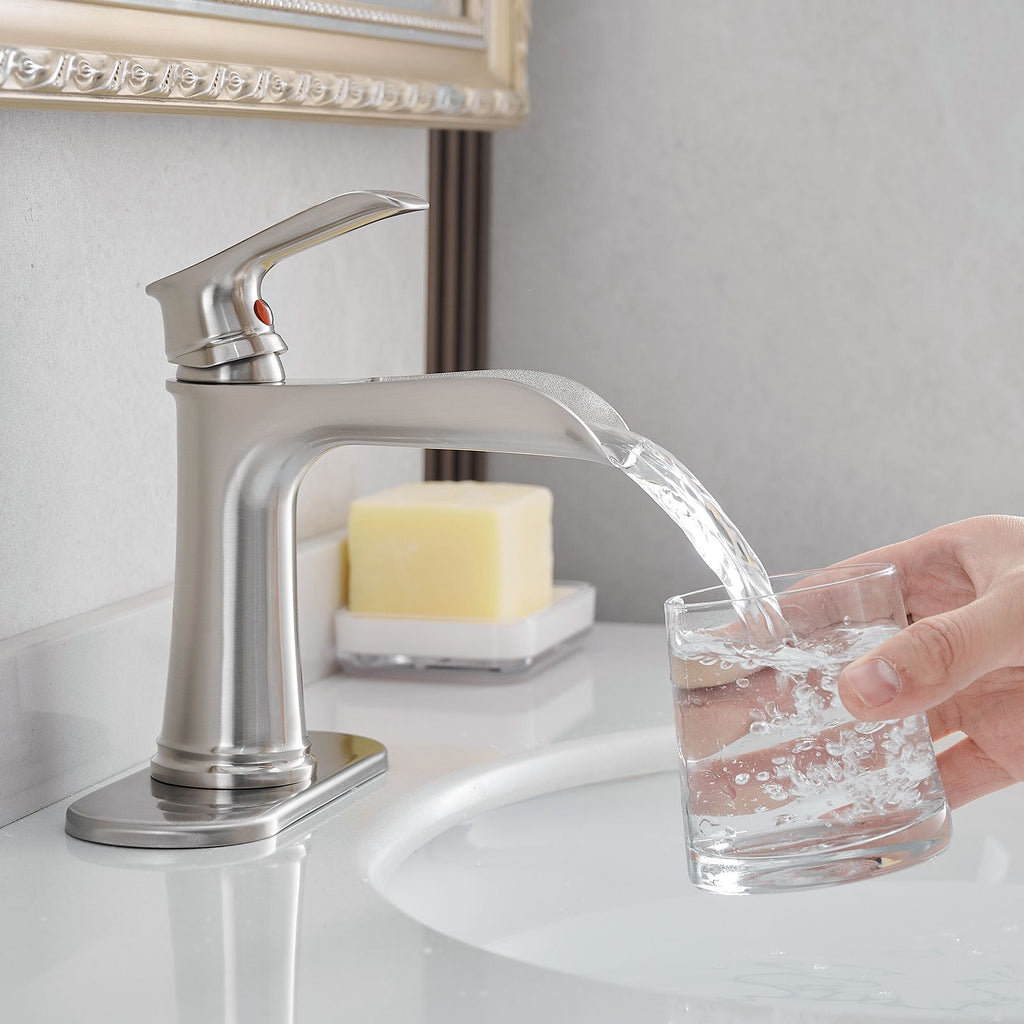 Brushed Nickel Waterfall Bathroom Faucet with Pop-Up Drain