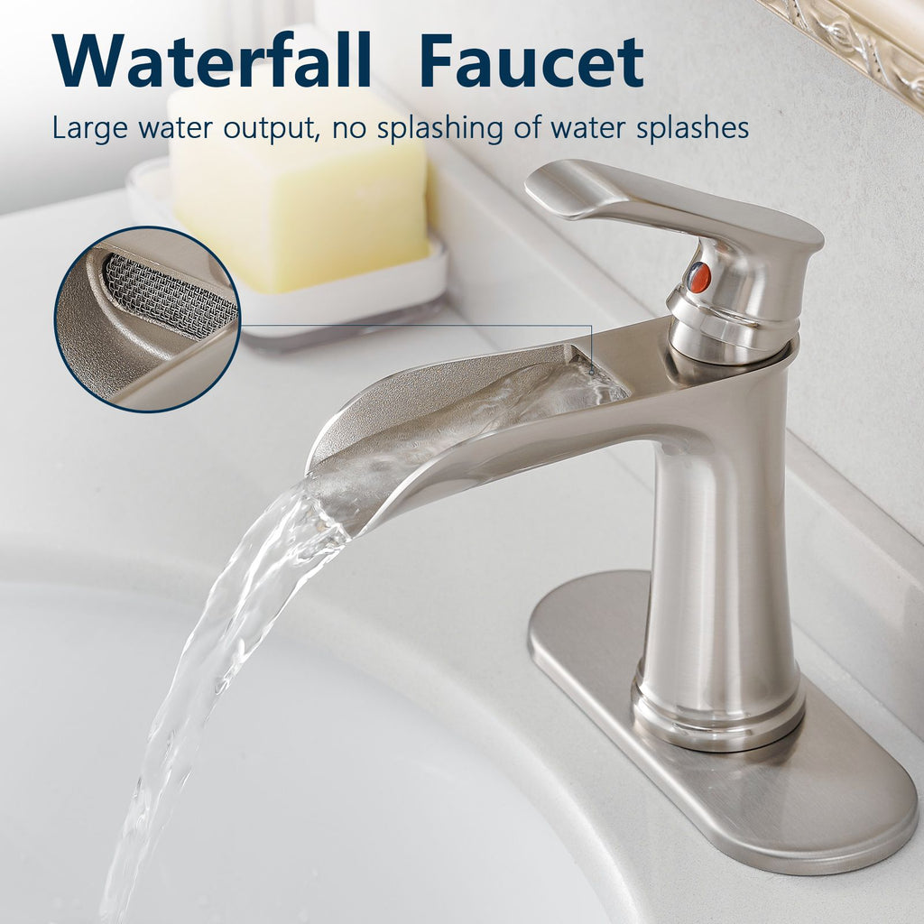 Brushed Nickel Waterfall Bathroom Faucet with Pop-Up Drain