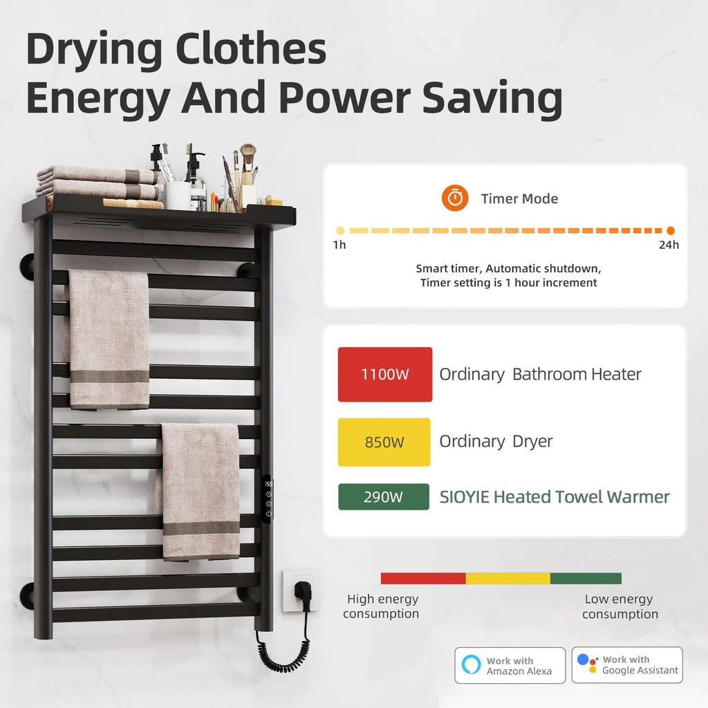 Smart WiFi Heated Towel Rack with Shelf and App Control