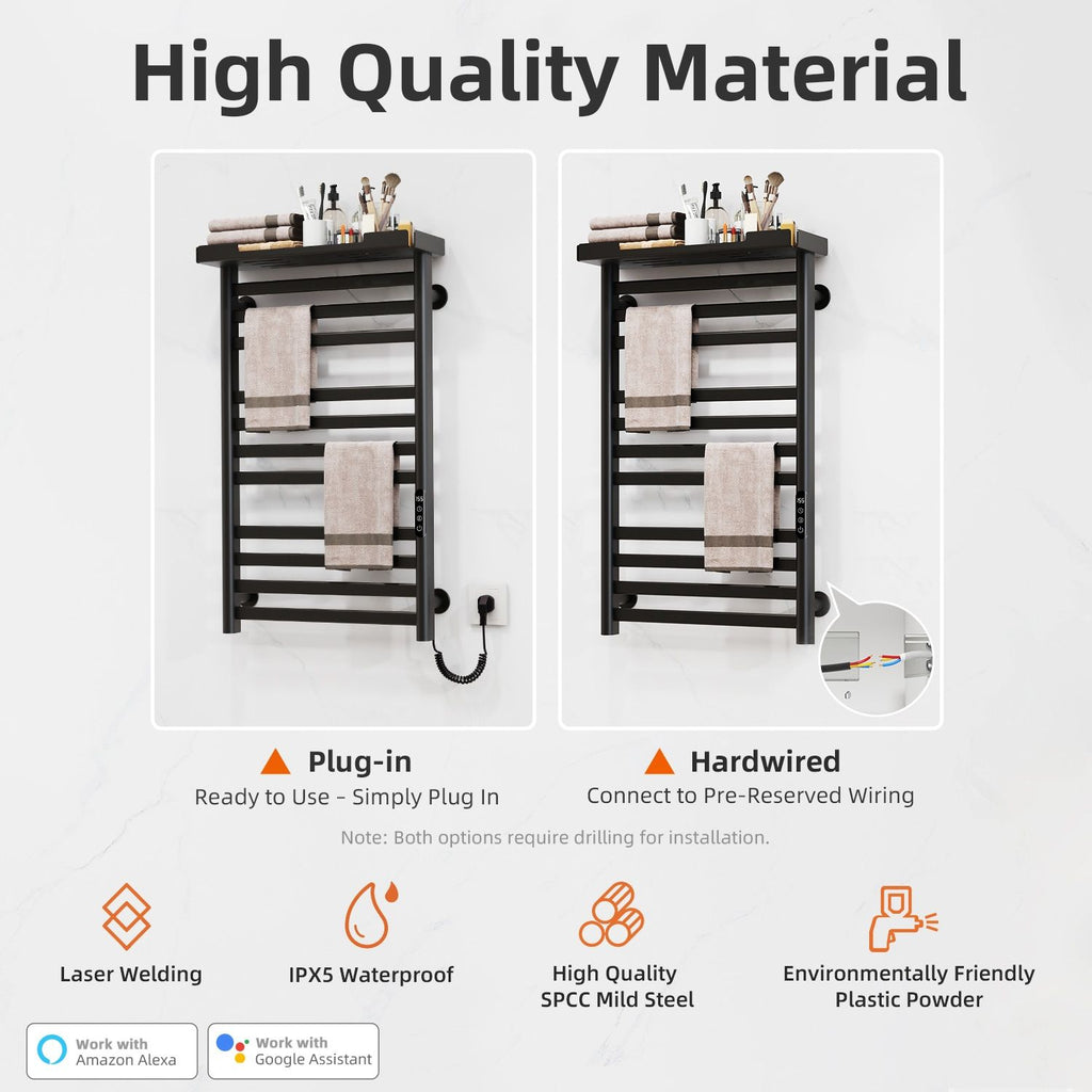 Smart WiFi Heated Towel Rack with Shelf and App Control