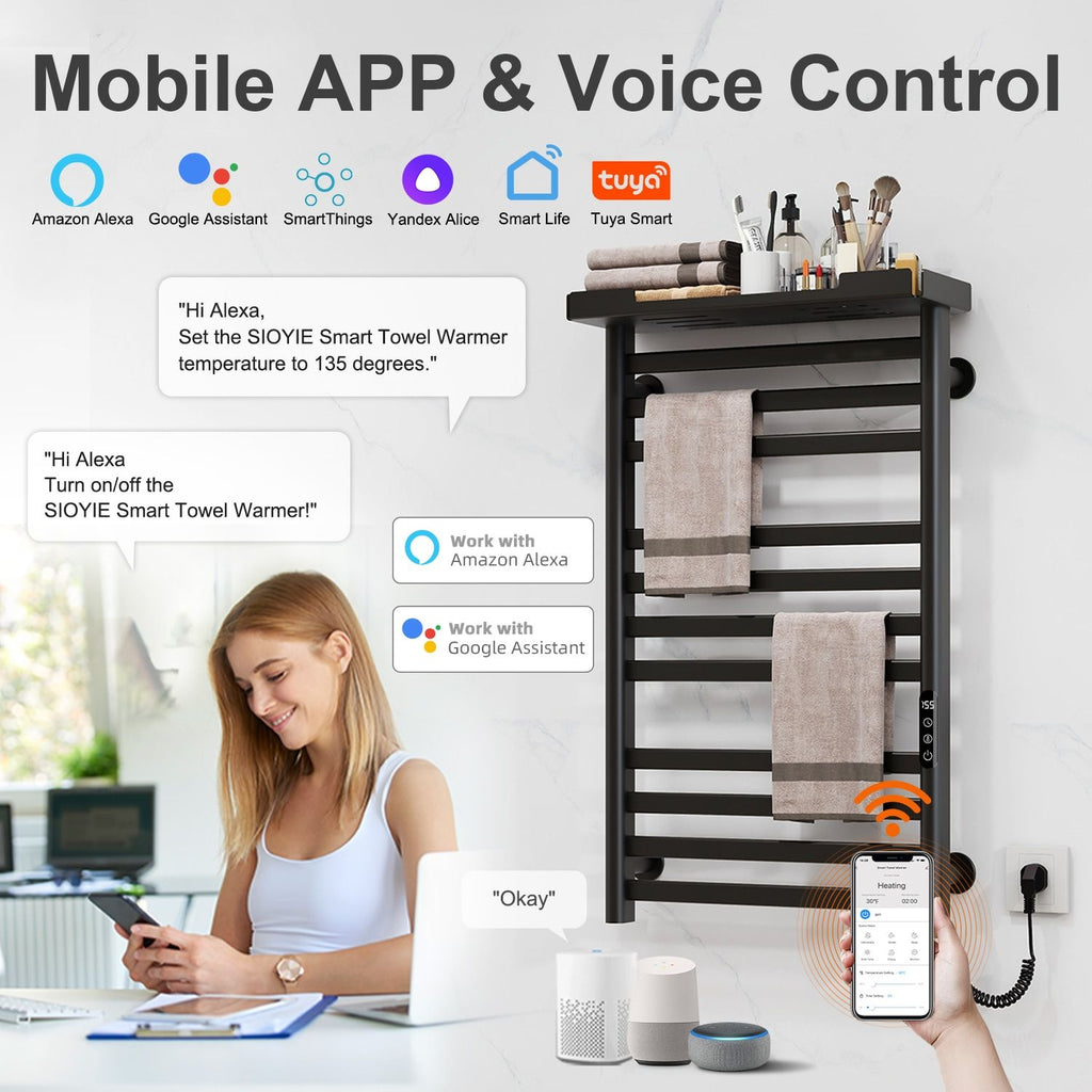 Smart WiFi Heated Towel Rack with Shelf and App Control