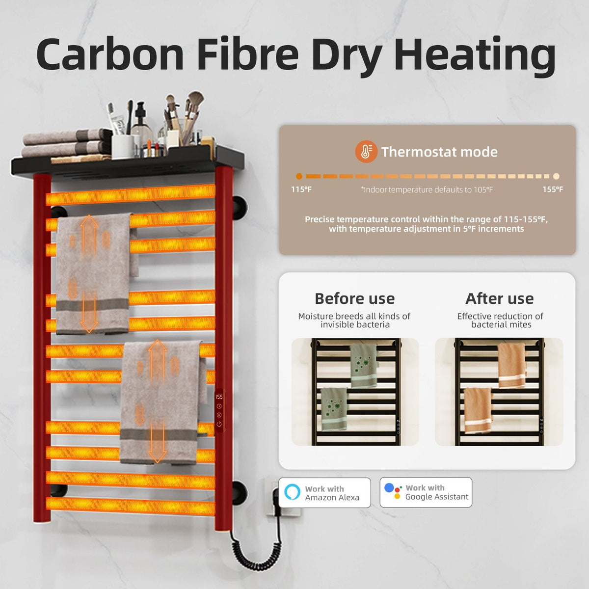 Smart WiFi Heated Towel Rack with Shelf and App Control