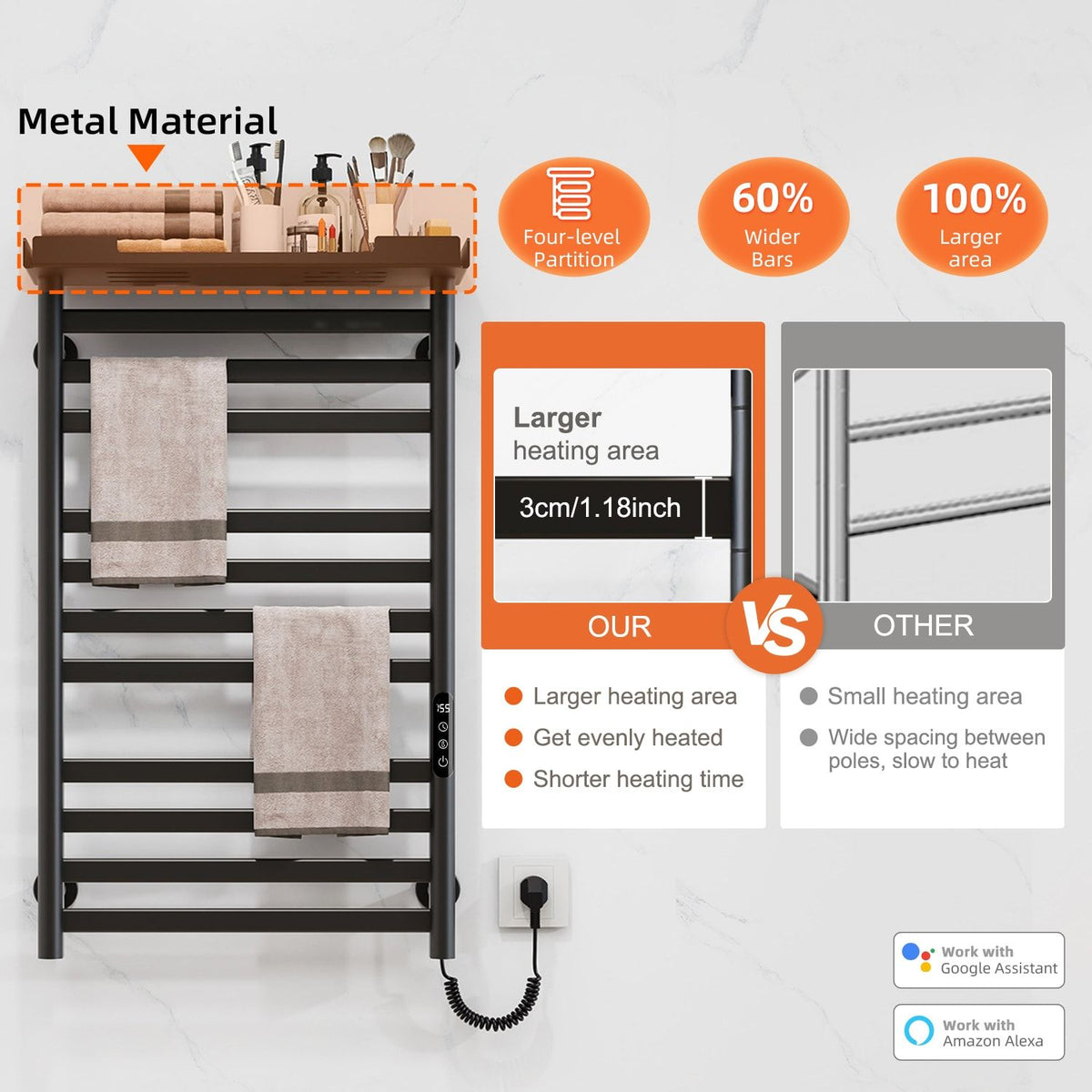 Smart WiFi Heated Towel Rack with Shelf and App Control