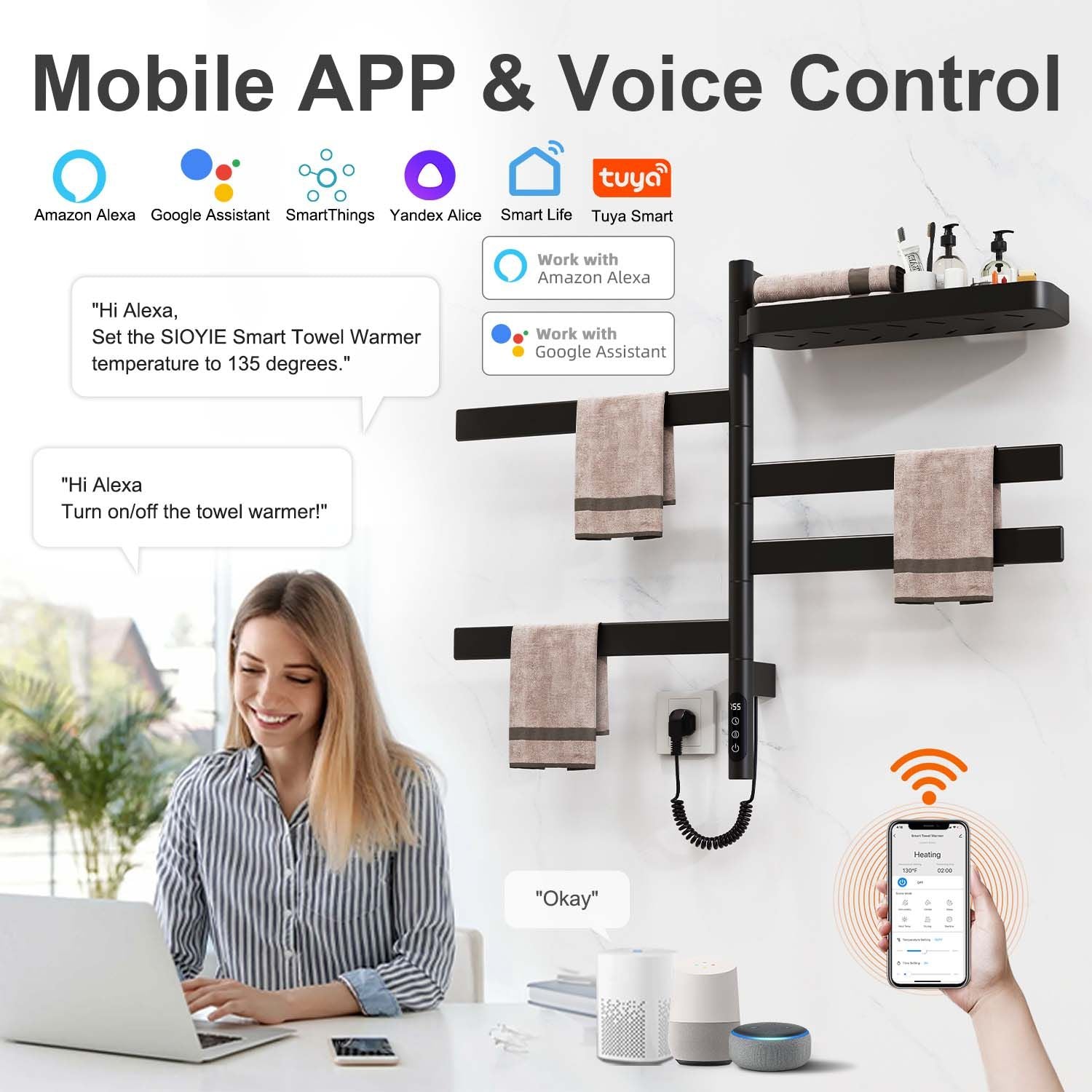 Smart Rotating Heated Towel Rack with WiFi and Voice Control