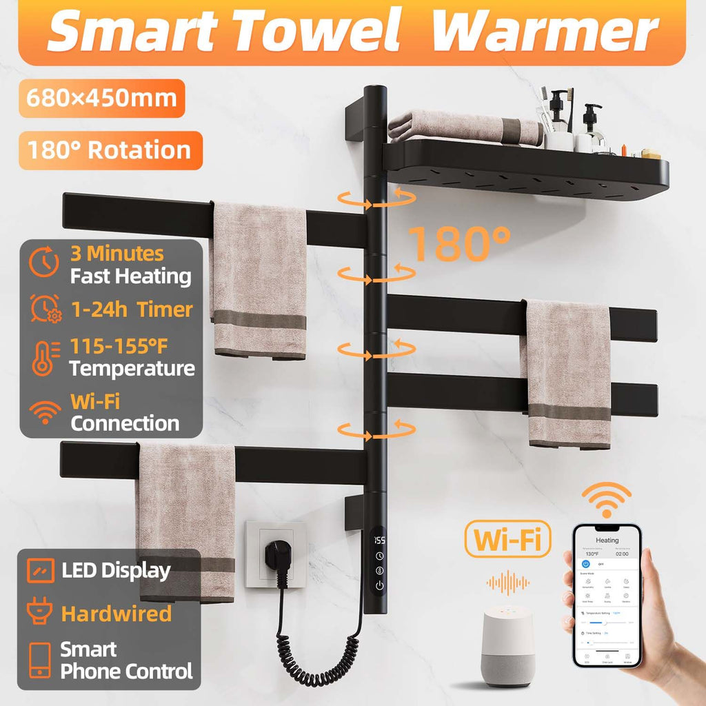 Smart Rotating Heated Towel Rack with WiFi and Voice Control