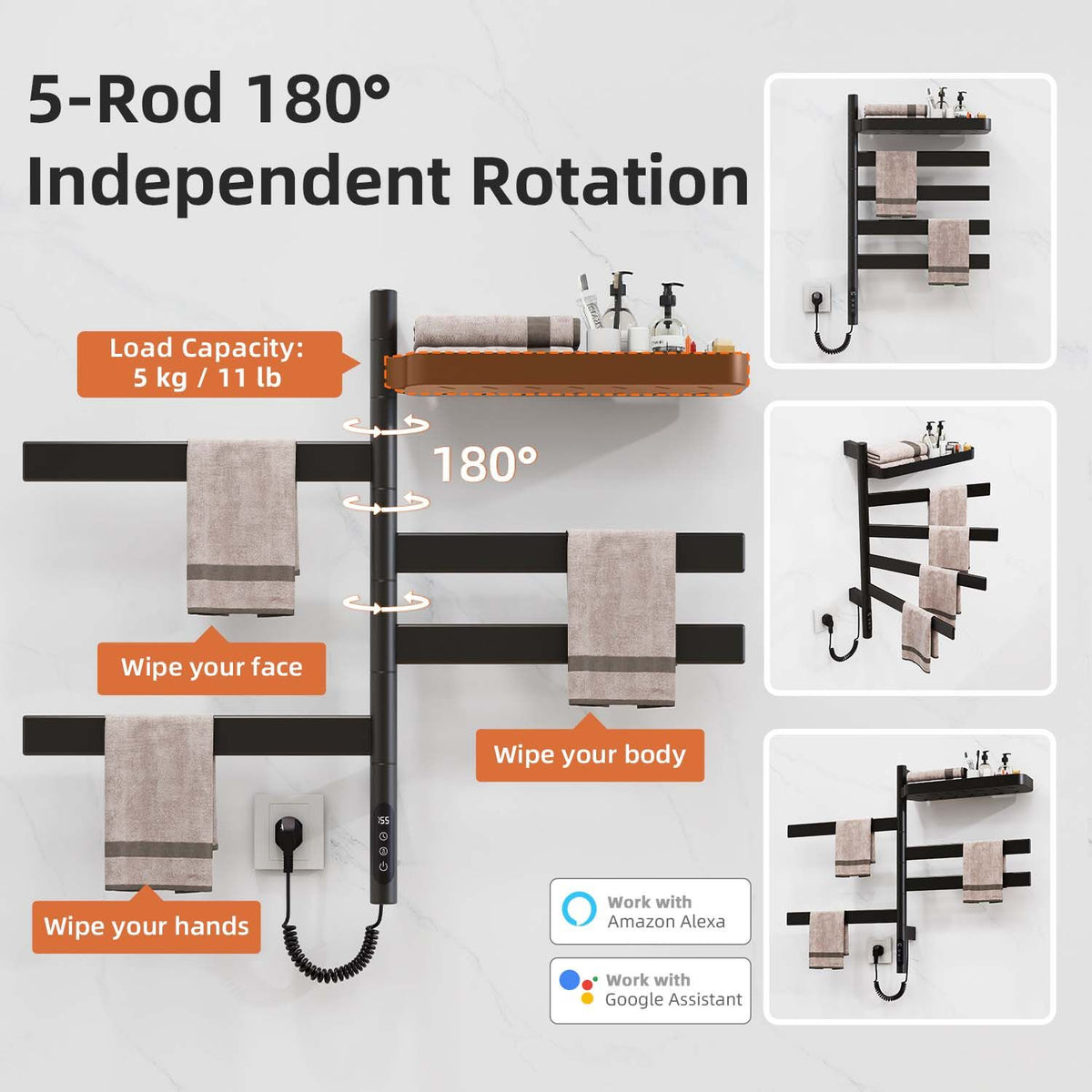 Smart Rotating Heated Towel Rack with WiFi and Voice Control
