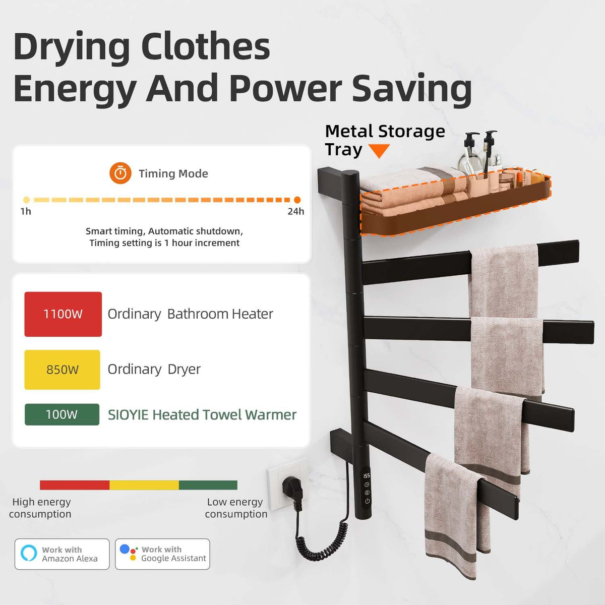 Smart Rotating Heated Towel Rack with WiFi and Voice Control