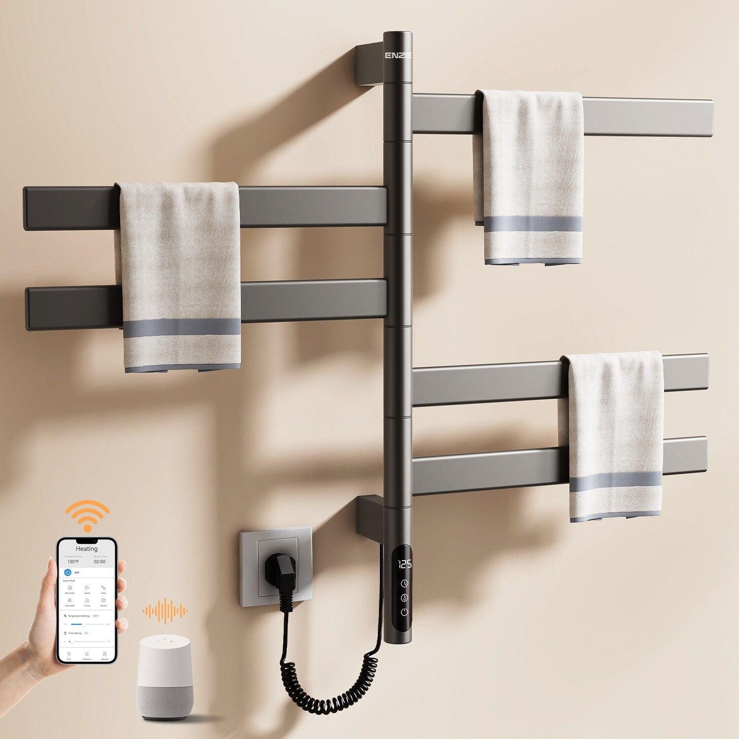 Smart WiFi Heated Towel Rack with Rotating Arms and Timer