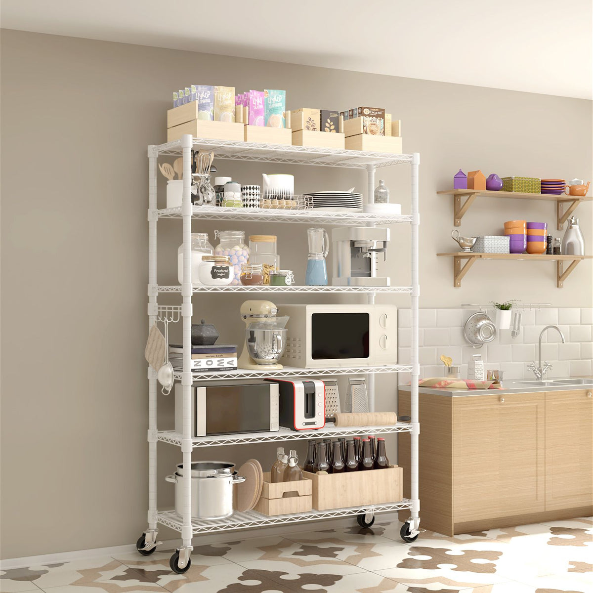 Six-layer, freely removable display stand with one row of side hooks, adjustable and wheels, ir