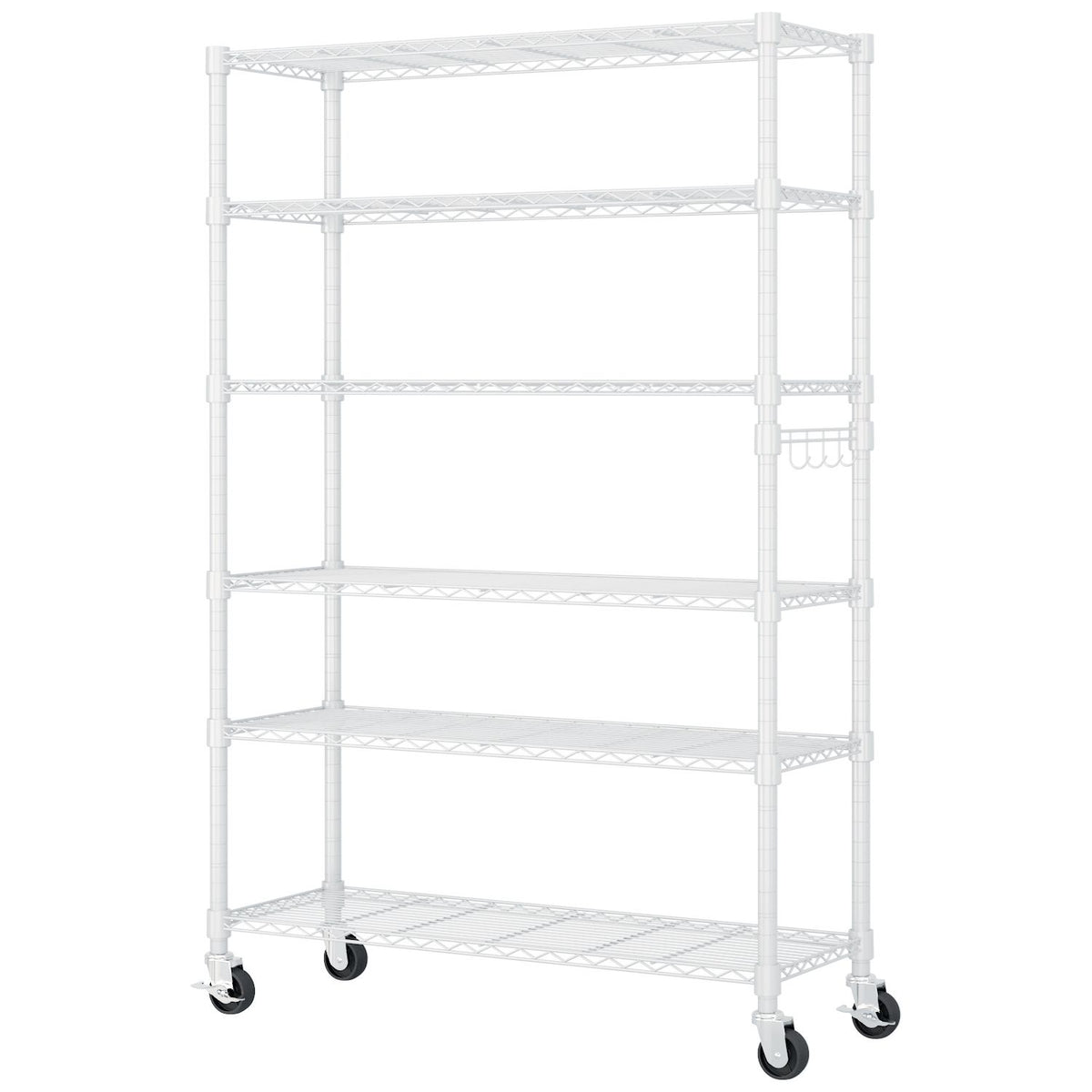 Six-layer, freely removable display stand with one row of side hooks, adjustable and wheels, ir