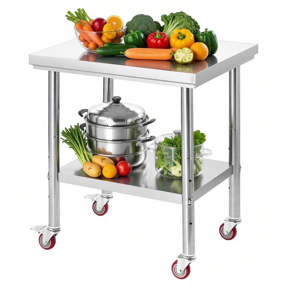 Adjustable Work Table with Shelf and Casters for Kitchen and Commercial Use
