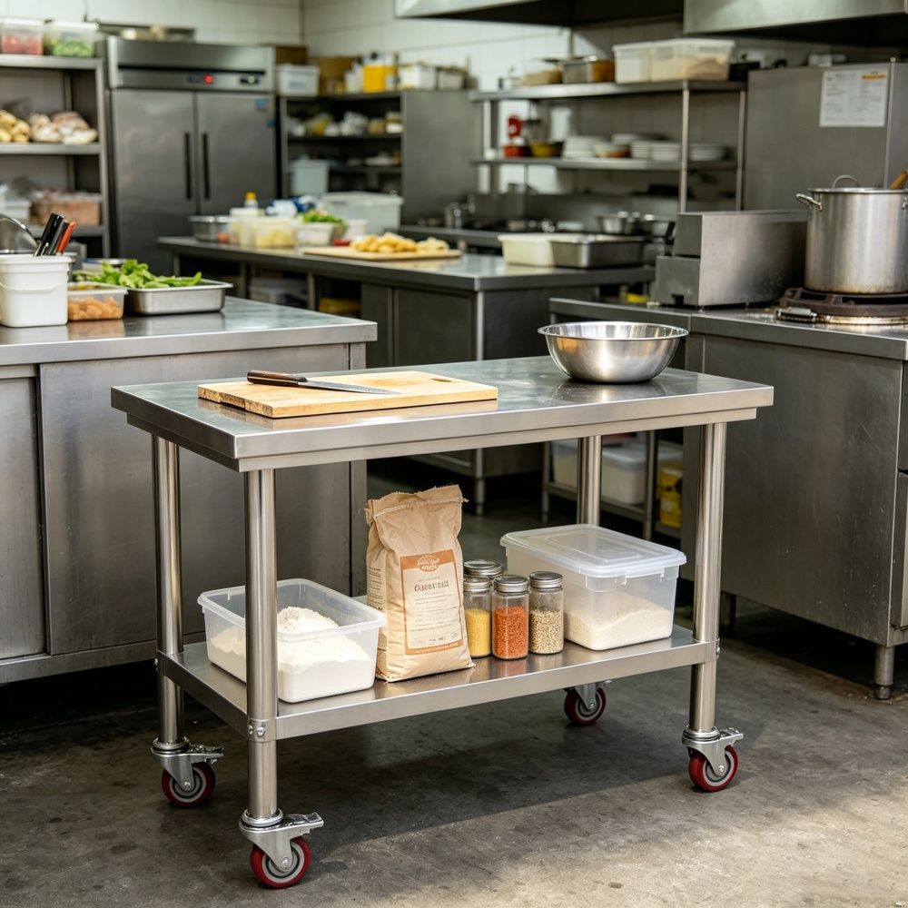 Mobile Kitchen Prep Table with Adjustable Shelf