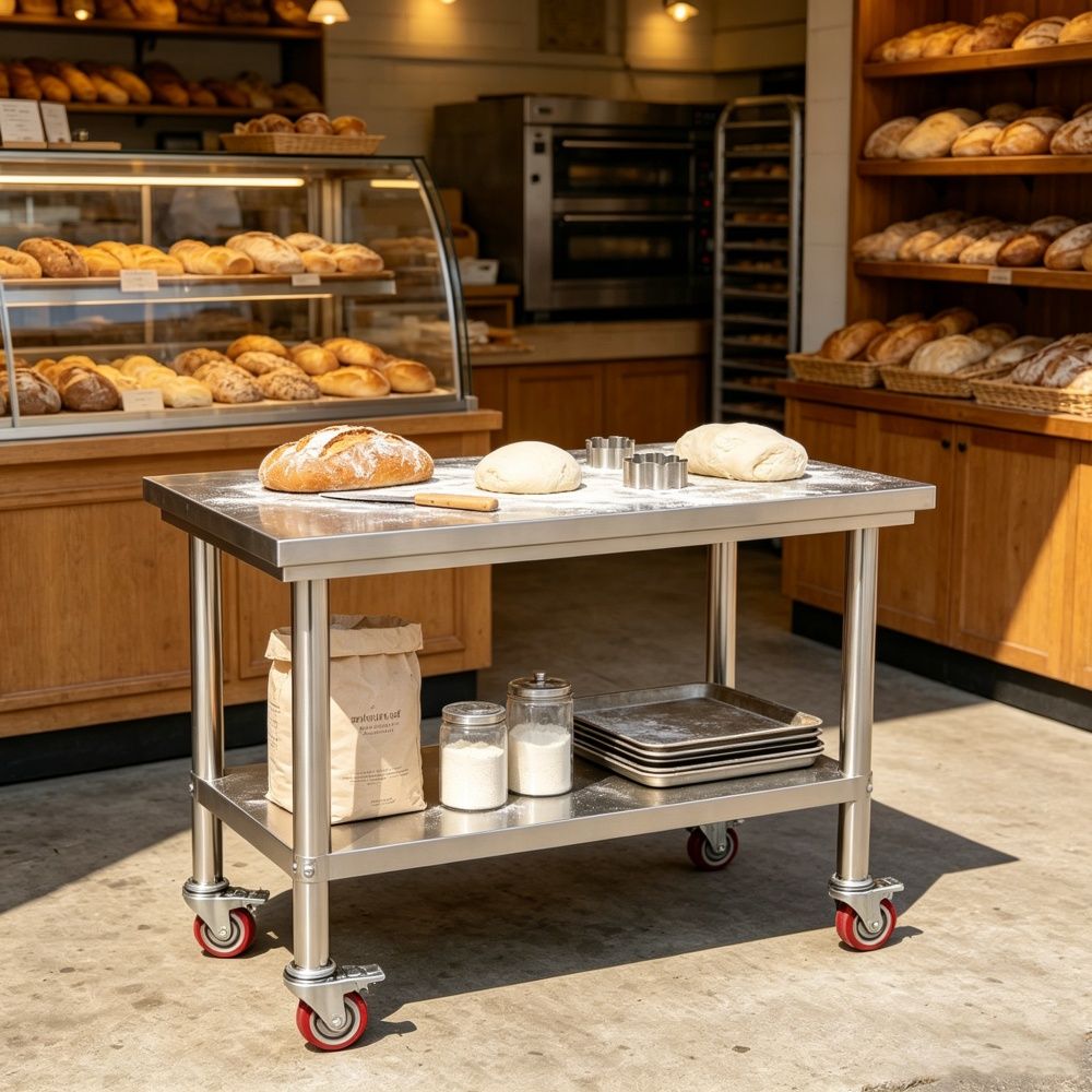 Mobile Kitchen Prep Table with Adjustable Shelf