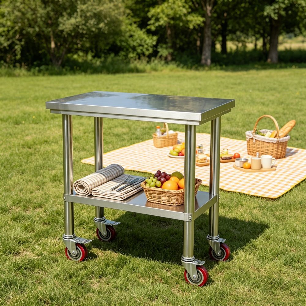 Adjustable Work Table with Shelf and Casters for Kitchen and Commercial Use