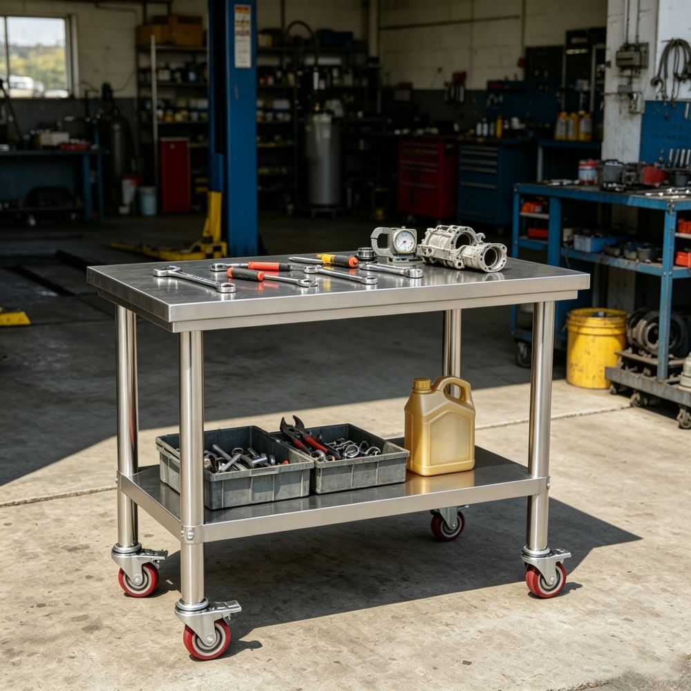 Mobile Kitchen Prep Table with Adjustable Shelf