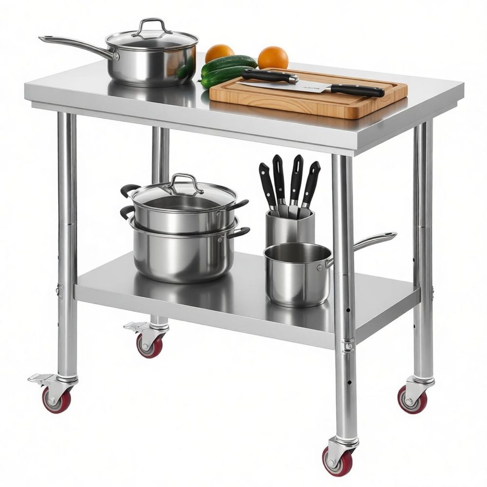 Mobile Kitchen Prep Table with Adjustable Shelf