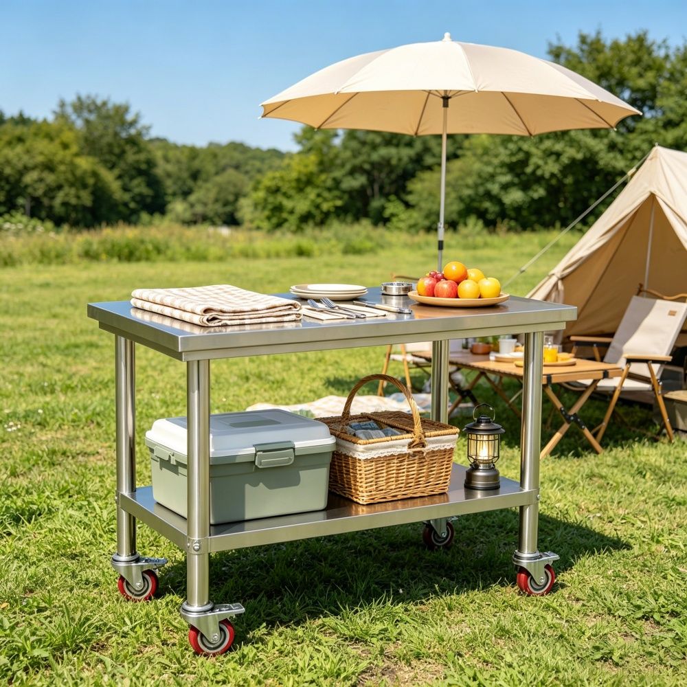 Mobile Kitchen Prep Table with Adjustable Shelf