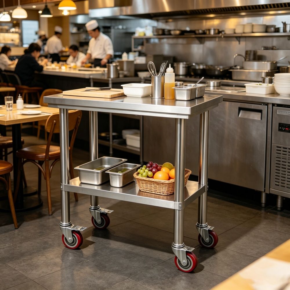 Adjustable Work Table with Shelf and Casters for Kitchen and Commercial Use