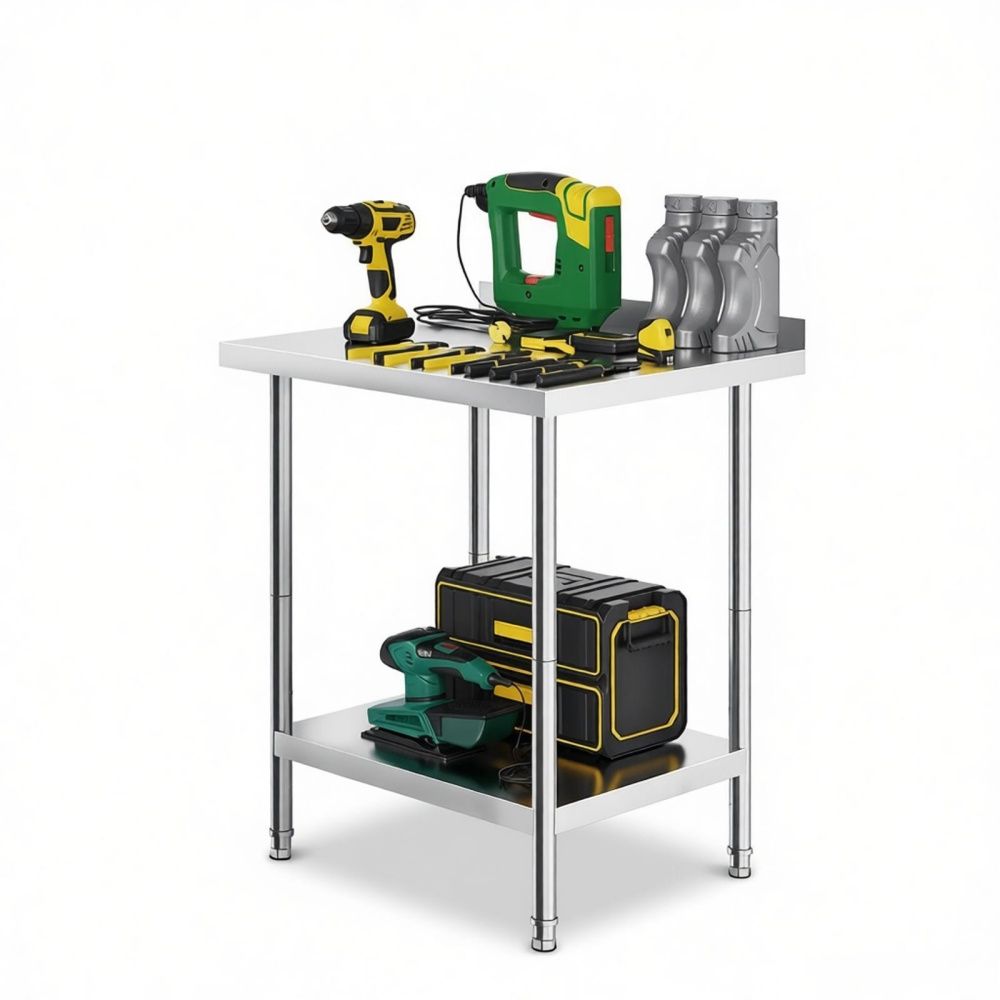 Kitchen Work Table with Adjustable Shelves and Rear Backsplash