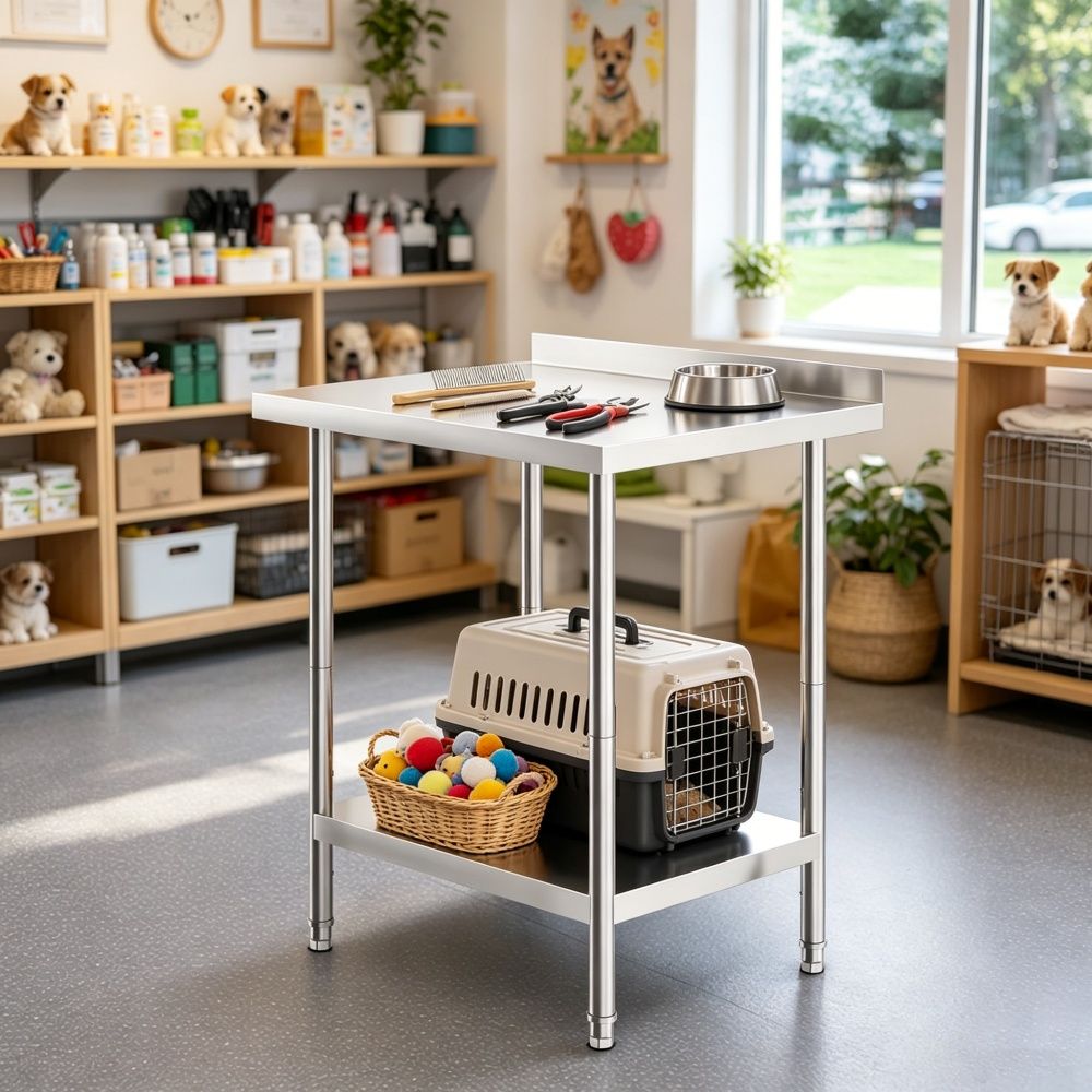 Kitchen Work Table with Adjustable Shelves and Rear Backsplash