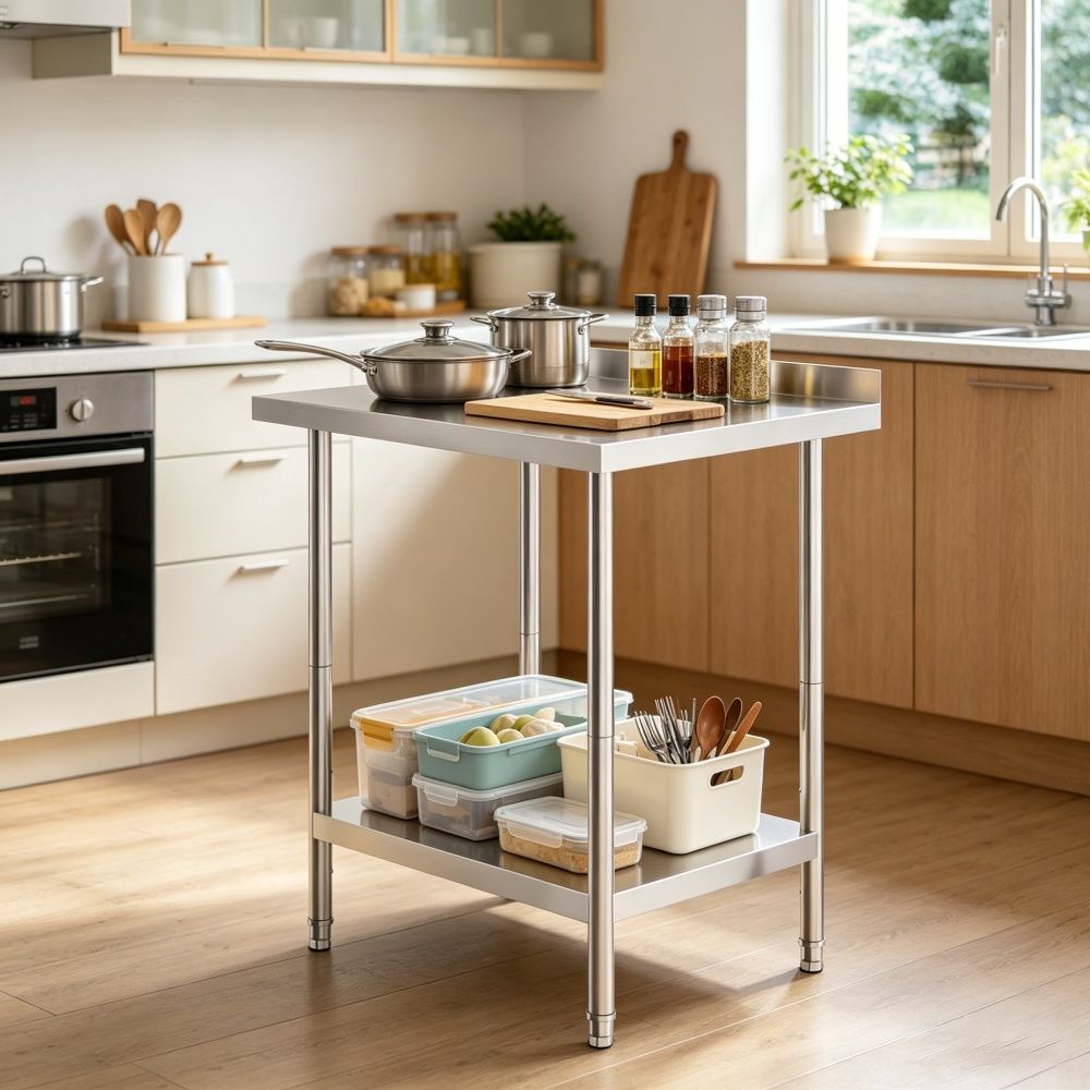 Kitchen Work Table with Adjustable Shelves and Rear Backsplash