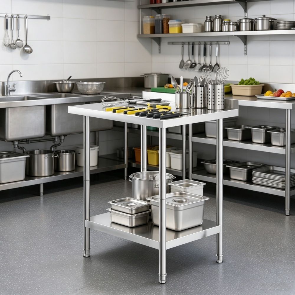 Kitchen Work Table with Adjustable Shelves and Rear Backsplash