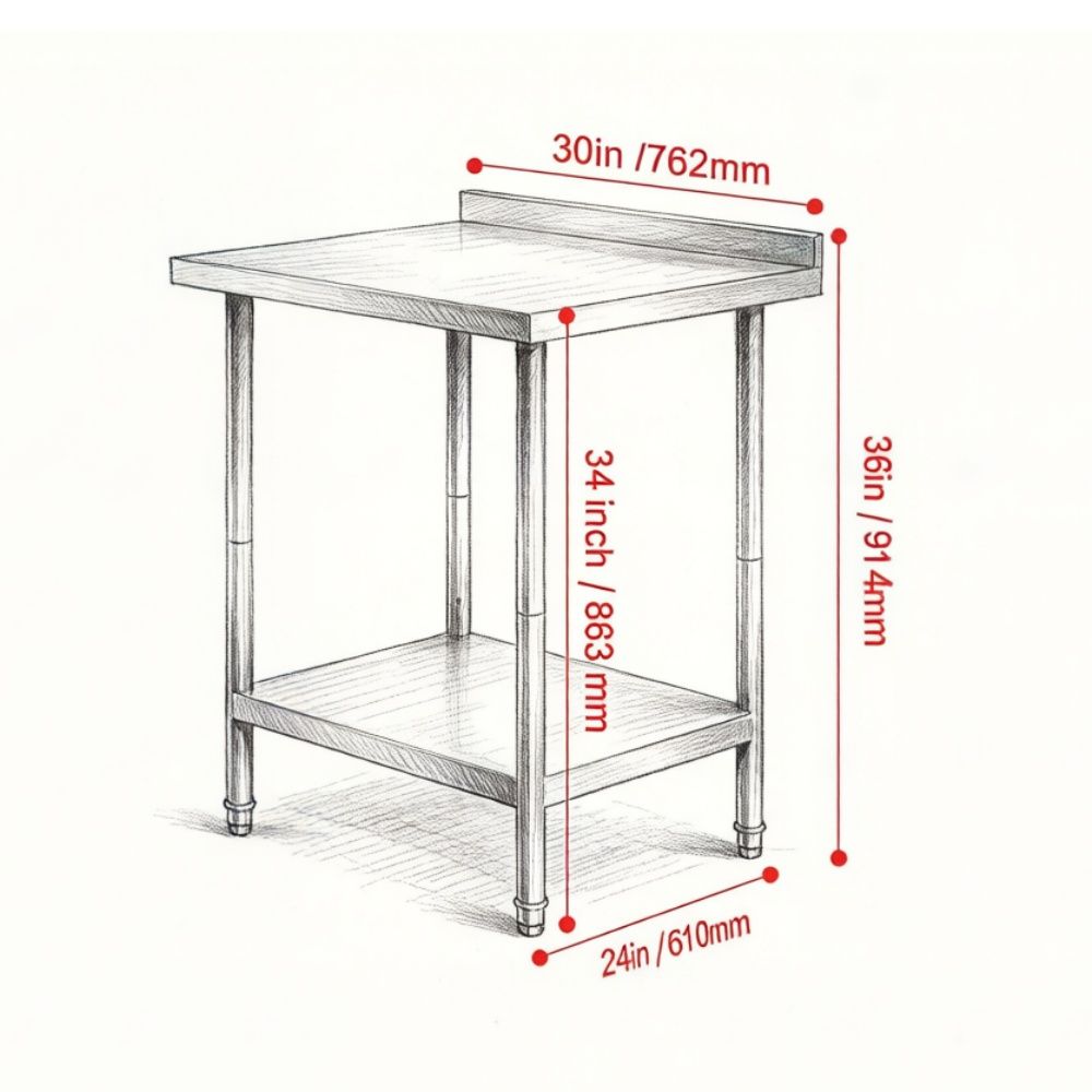 Kitchen Work Table with Adjustable Shelves and Rear Backsplash