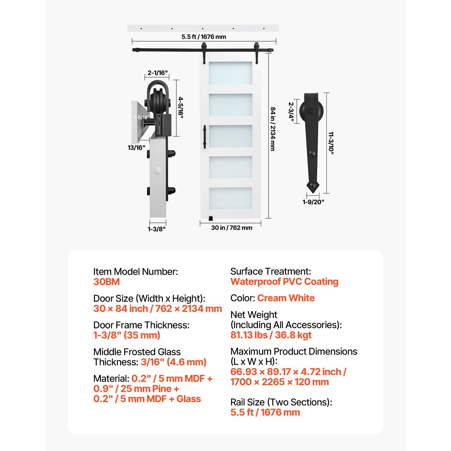 Sliding Barn Door with Hardware Kit – MDF Panel, water-ready PVC Coating