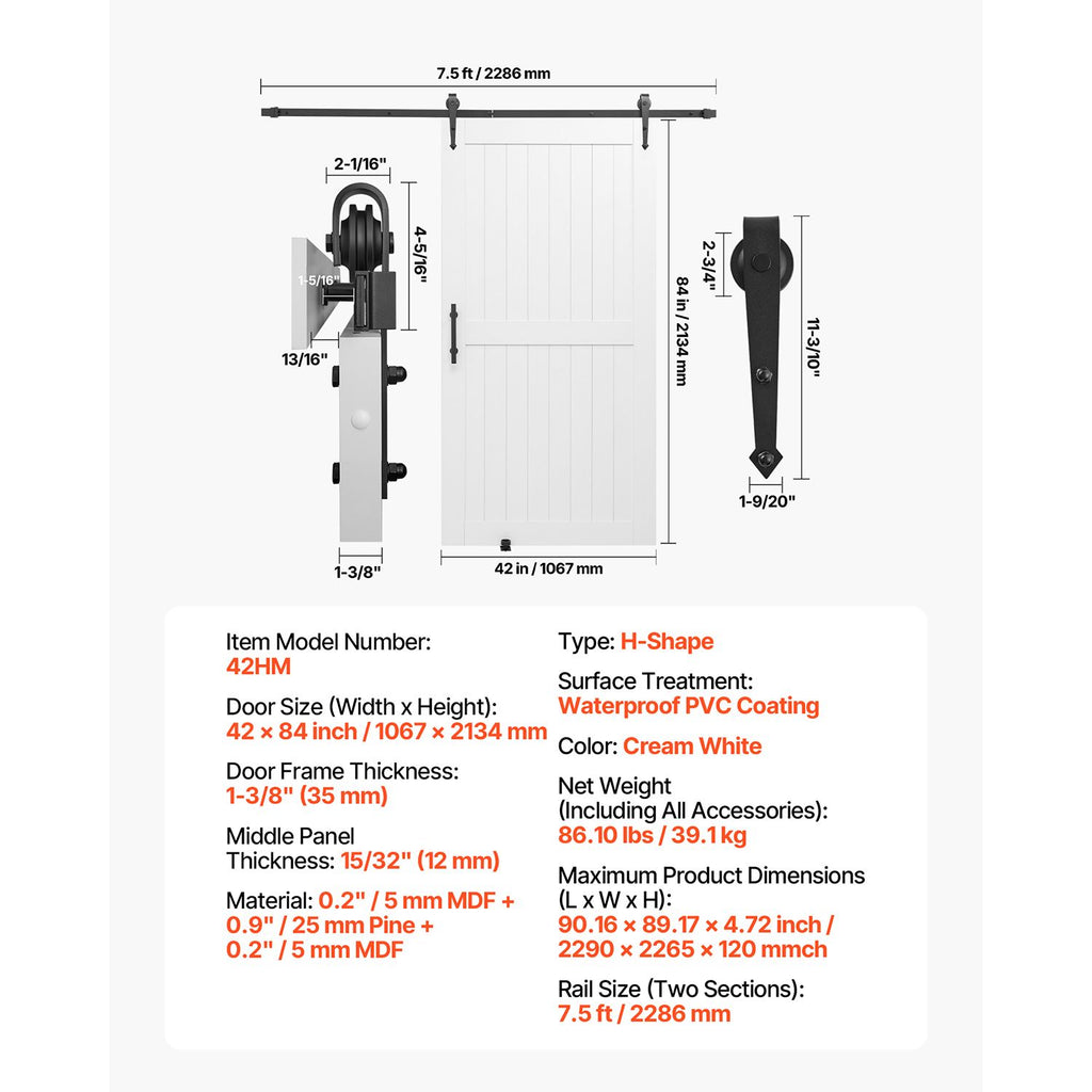 VEVOR White H-Frame Sliding Barn Door with Hardware Kit