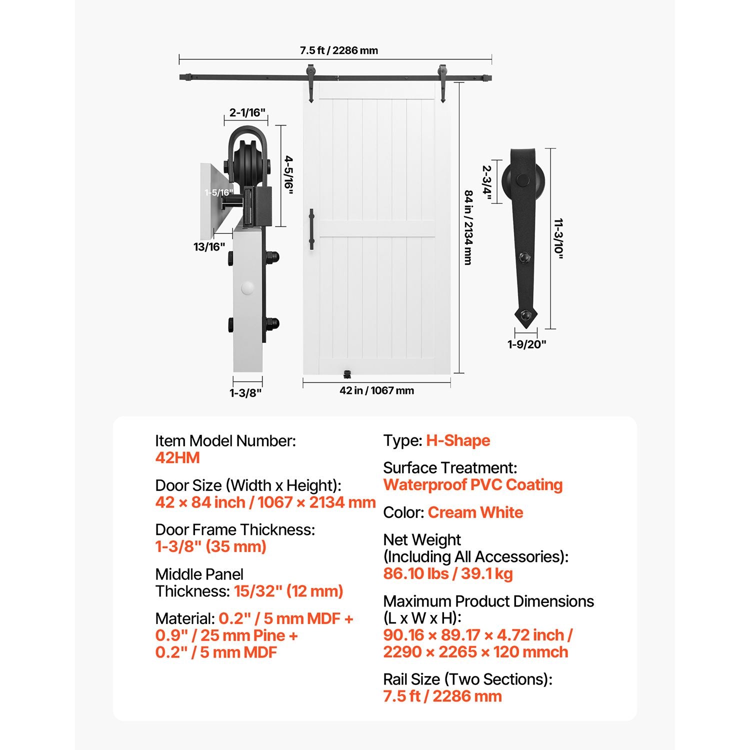 VEVOR White H-Frame Sliding Barn Door with Hardware Kit