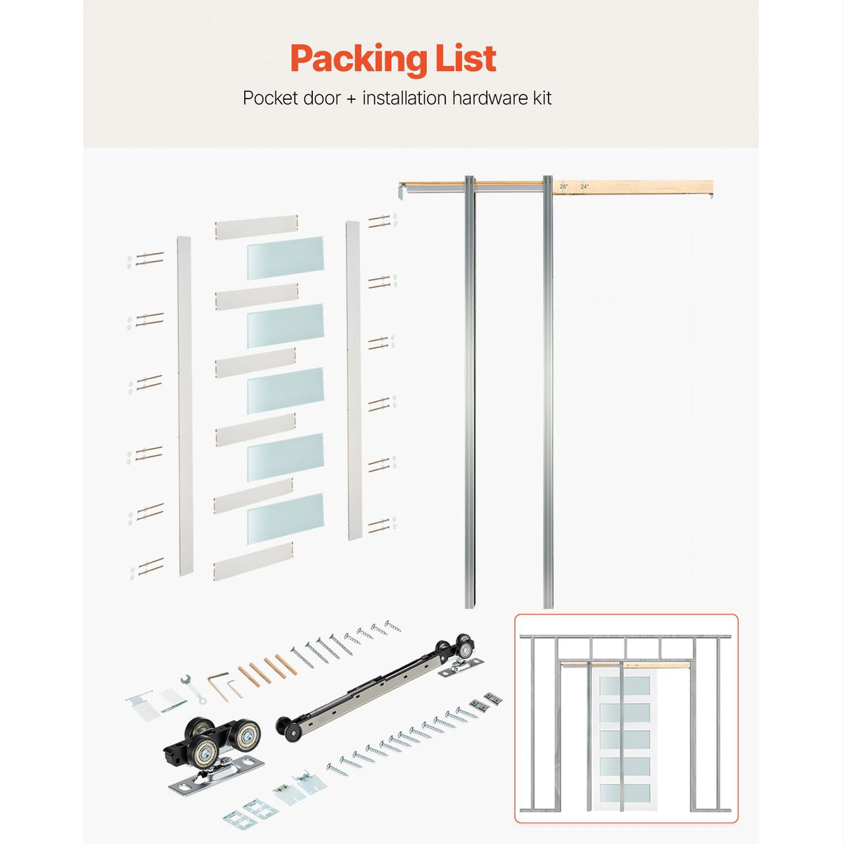 x Sliding Pocket Door with Frosted Glass & Hardware Kit
