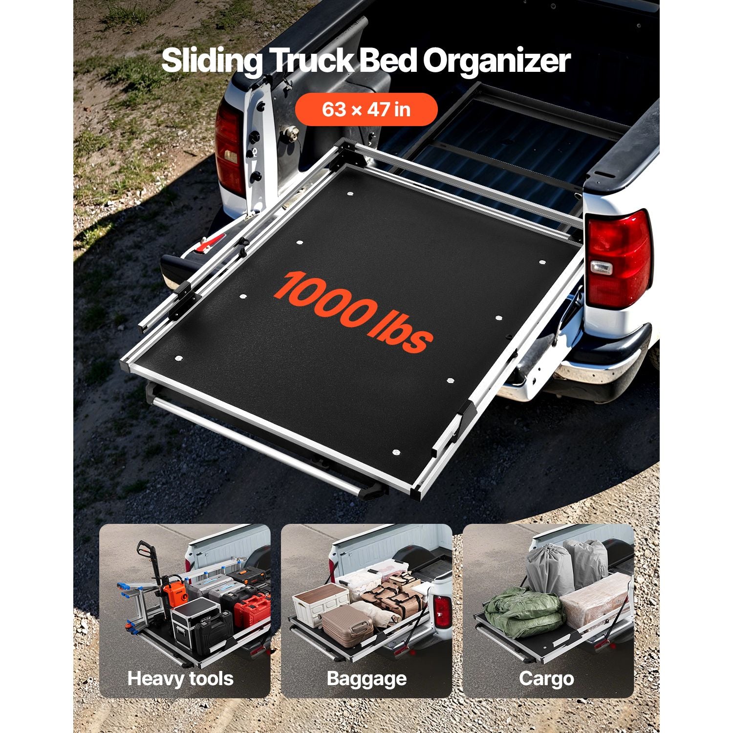Sliding Truck Bed Organizer with Movable Rings and Pull-Out Tray