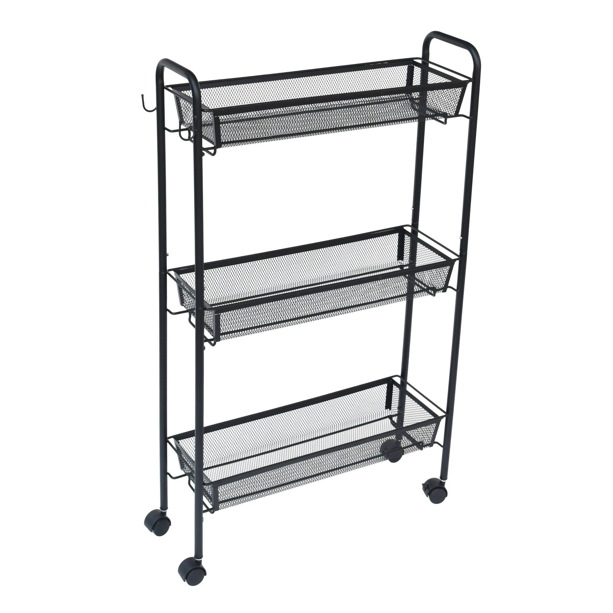 Slim 3-Tier Rolling Bathroom Storage Cart with Hooks