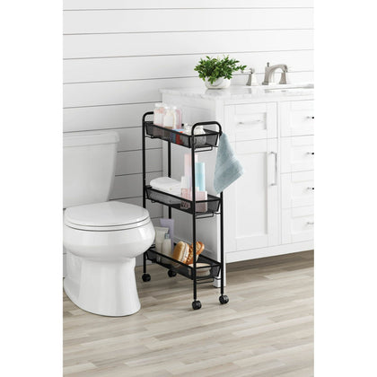 Slim 3-Tier Rolling Bathroom Storage Cart with Hooks