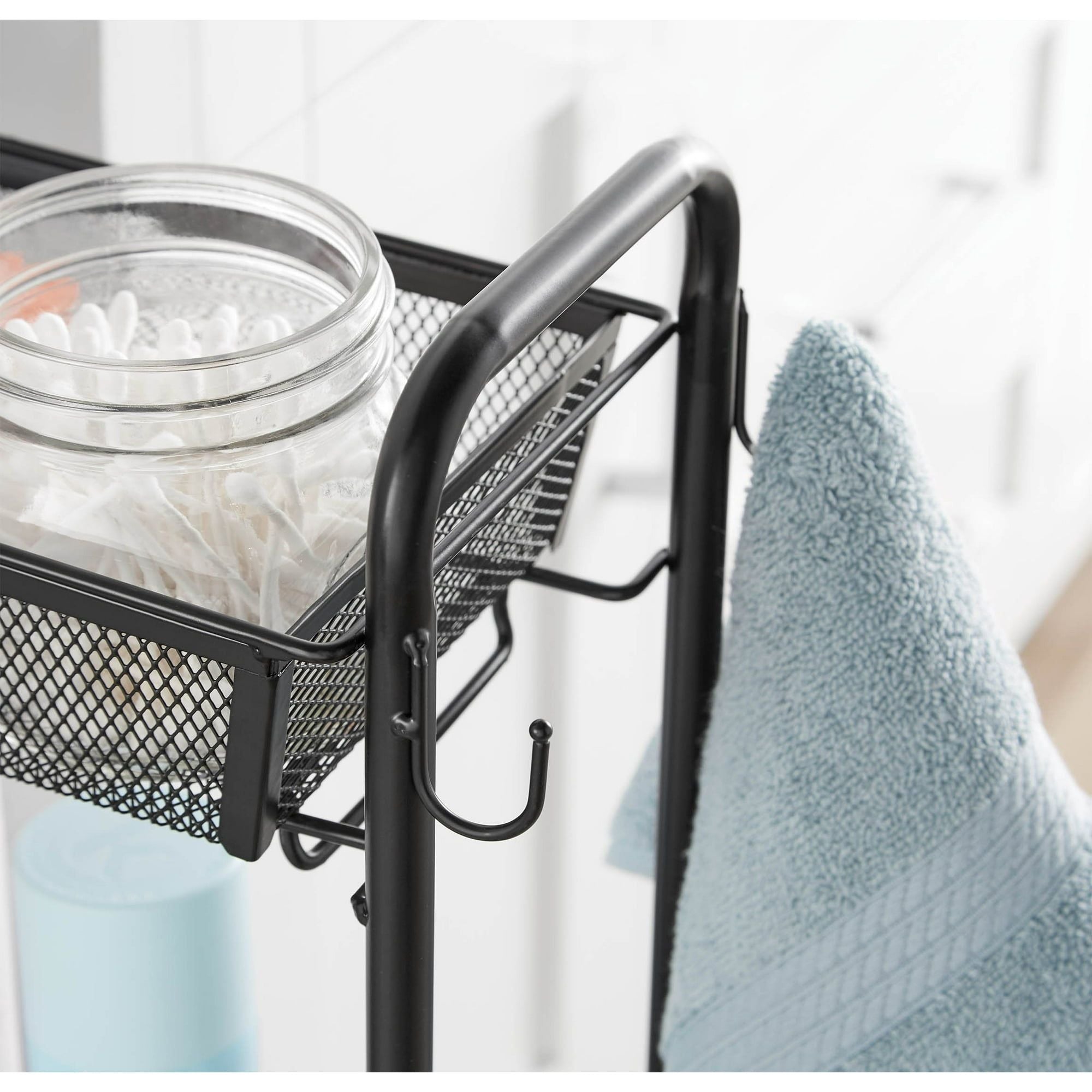 Slim 3-Tier Rolling Bathroom Storage Cart with Hooks